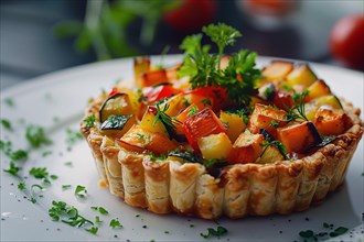 Close-up of a savory vegetable tart topped with fresh parsley, AI generated