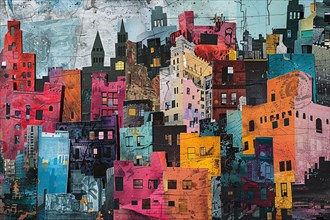 Abstract and vibrant painting of a colorful cityscape with a chaotic arrangement of buildings,