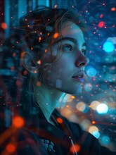Close-up of a woman with a contemplative expression surrounded by soft bokeh lights, AI generated