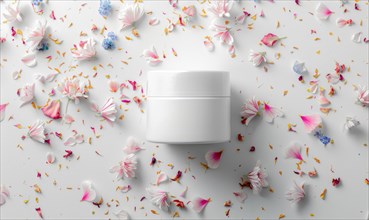 Blank creme jar mockup with scattered flower petals on a white background, beauty in nature AI