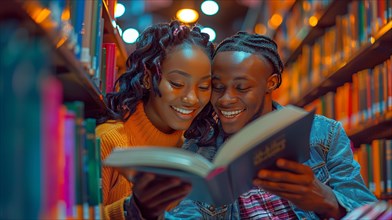 A happy couple of african american university students reading a book together in a vibrantly lit