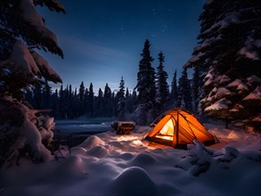 Snowy campsite in a forest during twilight tent emitting warm glow, AI generated