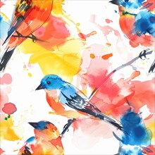 Seamless watercolor pattern with bold bird illustrations and abstract strokes AI generated