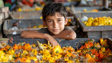 Young boy laying on a flower market stall, surrounded by yellow and orange marigolds, smiling at
