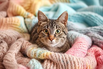 Cute cat lying in colorful knitted blanket. KI generiert, generiert, AI generated