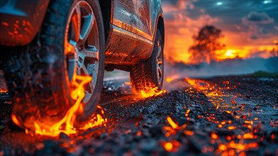 Car tire with dramatic sparks and fire under a dark, ominous sky, low ultra wide angle, AI