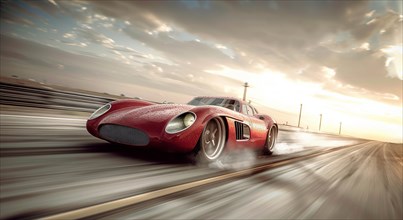 Red vintage race car speeding on a track with motion blur, AI generated