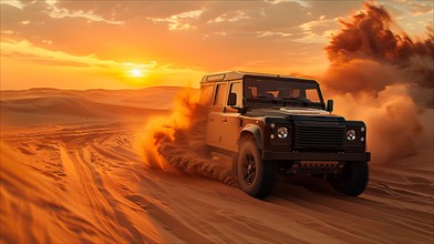 A rugged SUV kicking up dust trails as it speeds through a desert landscape at sunset, AI generated