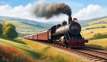 Classic steam locomotive moving through green fields, evoking a sense of nostalgia, ai generated,