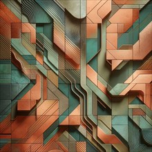 Green and copper geometric abstract art with a sense of depth, AI generated