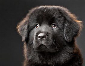 Dog, Newfoundland black, portrait, head only, puppies, dark background, AI generated, AI generated