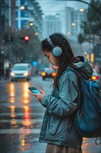 Schoolgirl with headphones looking at her smartphone on a busy street in a city, symbolic image for