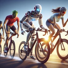A humanoid rides a bicycle in a race, symbolic image cybernetics, sport, competition AI generated,