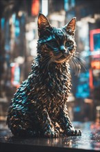 Cat sitting tinsel-covered in an urban setting, immersed in cool tones, ray tracing 3d sculpture,