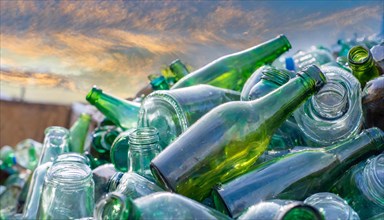 Used glass in a pile, only empty bottles, in a recycling plant, AI generated, AI generated