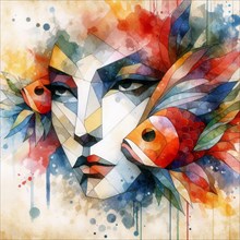 Abstract cubist painting of a woman with fish, featuring watercolor splashes, square aspect, low