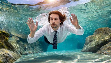 A businessman in a suit swims unconventionally under water, symbolising creativity, symbol office,