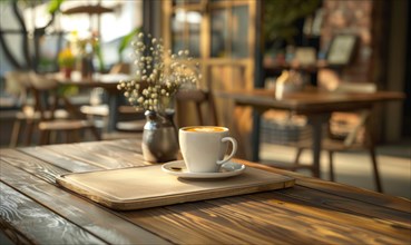 A coffee cup on a wooden table in a cozy cafe with morning light AI generated