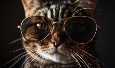 Close-up of a serious-looking cat wearing round sunglasses against a dark background AI generated