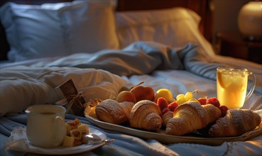 Inviting breakfast tray with croissants and fruit served in bed during sunrise AI generated