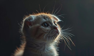 A curious kitten with prominent whiskers highlighted by soft lighting AI generated