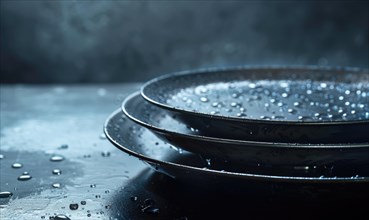 Dark moody image of black plates with water droplets on a reflective surface AI generated