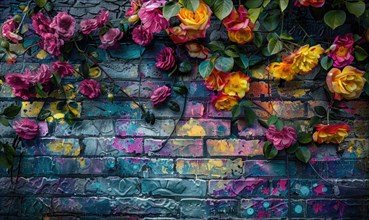 Pink flowers contrast against vibrant, colorful graffiti on an urban brick wall AI generated