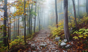 Forest path covered with autumn leaves, surrounded by mist creating a tranquil scenery AI generated