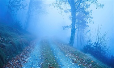 A foggy path leads through a forest with autumn leaves scattered on the ground AI generated