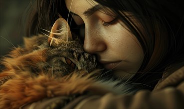 Intimate close-up of a woman showing affection to her cat in a comforting embrace AI generated