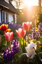 Traditional cottage garden with spring flowers tulips hyacinths pansies in warm morning light, AI