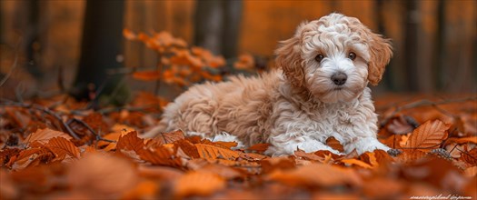 A cute Lagotto Emiliano truffle puppy dog with curly fur resting on autumn leaves, AI generated