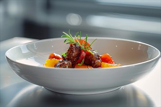 Gourmet plate with succulent beef and vegetables presented with culinary finesse, AI generated
