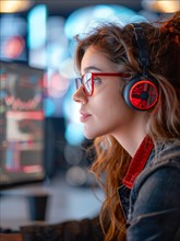 Focused woman with headphones coding on a computer, AI generated