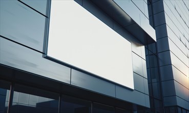 Blank screen banner mockup displayed on the modern building facade. Closeup view AI generated