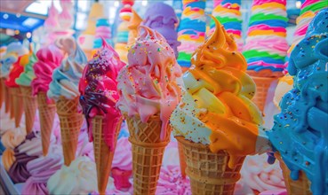 Colorful assortment of ice cream cones on the shop showcase. Colorful ice cream background AI