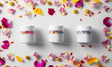 Three creme jar blank mockups nestled amidst delicate flower petals on a white background AI