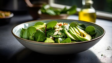 Avocado and spinach salad positioned on a modern reflective kitchen counter, AI generated
