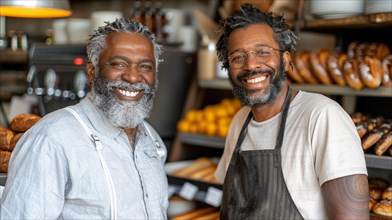 Two smiling african american bakers in a bakery, exuding warmth and partnership, AI generated