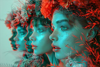 Anaglyph 3D image of women with floral elements, creating a depth effect with vibrant colors,