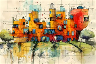 Watercolor painting of a whimsical, playful architectural structure with orange hues and sketchy