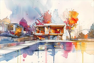 Artistic watercolor of modern building with vibrant orange hues and reflective surfaces, AI