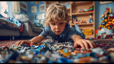Young child engrossed in play with an assortment of toys scattered on a carpet, AI generated