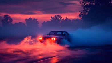 Classic american muscle car drifting on a road at late sunset almost night, surrounded by smoke and