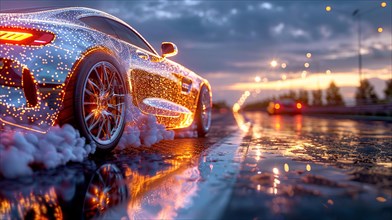 Sports car on a wet road at night with reflective water droplets, AI generated