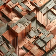 Architectural blocks forming an abstract geometric pattern in copper tones, AI generated
