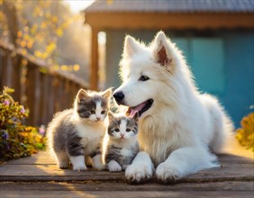 Dog, puppies of a white shepherd dog playing with two young white cats, AI generated, AI generated