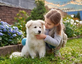 Dog, puppies of a white shepherd dog playing with a five-year-old girl in the garden, AI generated,