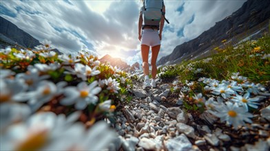 Hiker with backpack walking on a scenic mountain trail surrounded by white wildflowers, AI