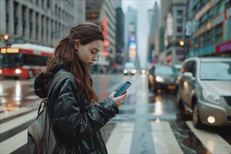 Schoolgirl looking at her smartphone on a busy street in a city, symbolic image for accident risk